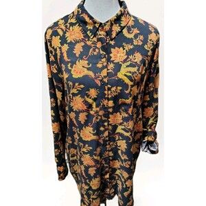 Intro Blouse Size S Black Leaf Long Sleeve/Roll Up 100% Rayon Button Pocket